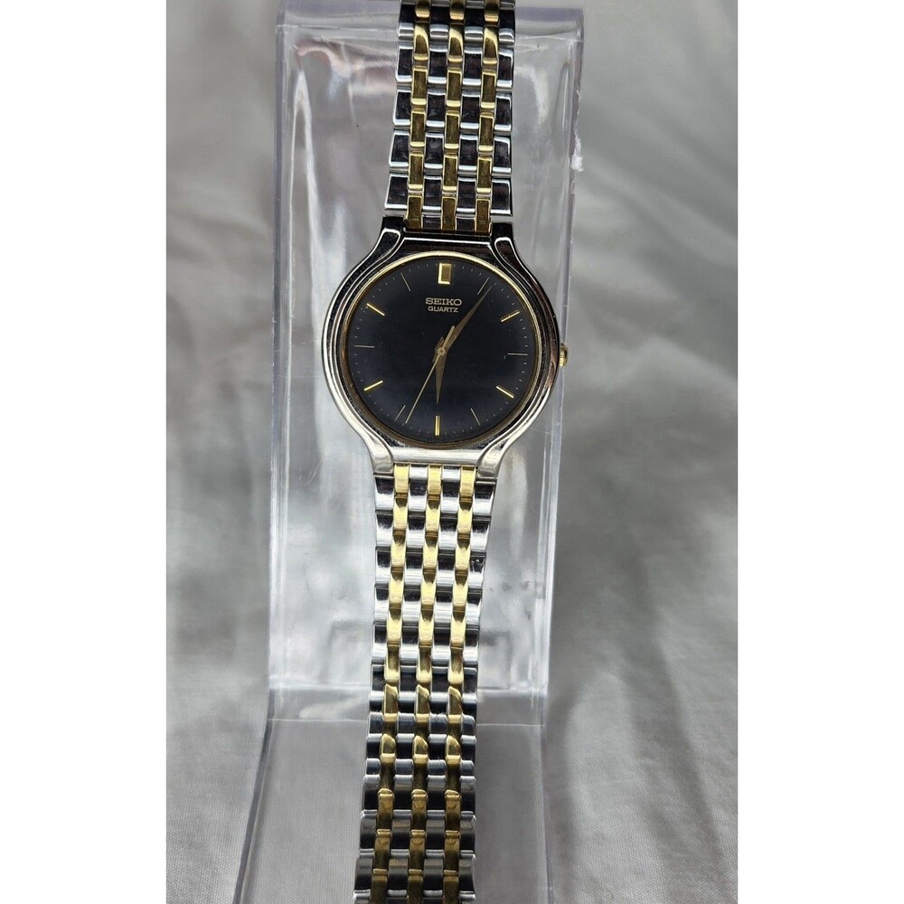 Seiko Watch Men 34mm Black Dial Two Tone Round V701-1K29 Vintage New Battery